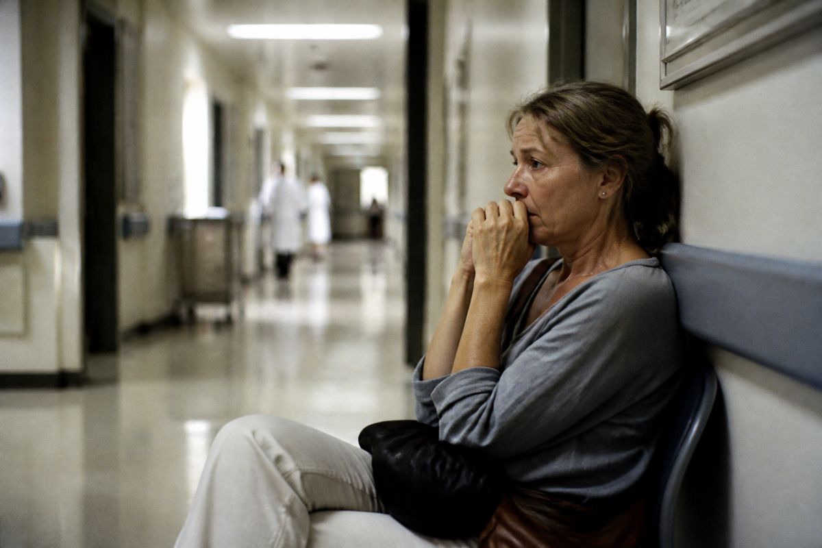 A patient anxiously waiting in a hospital corridor