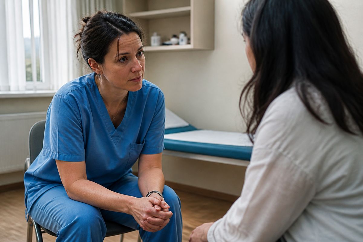 A healthcare worker speaking with a patient in a clinic room