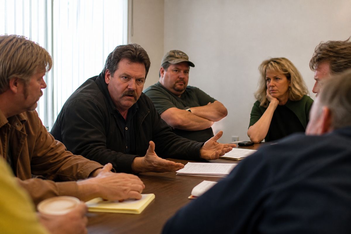 Union representatives engaged in tense pay negotiations meeting room