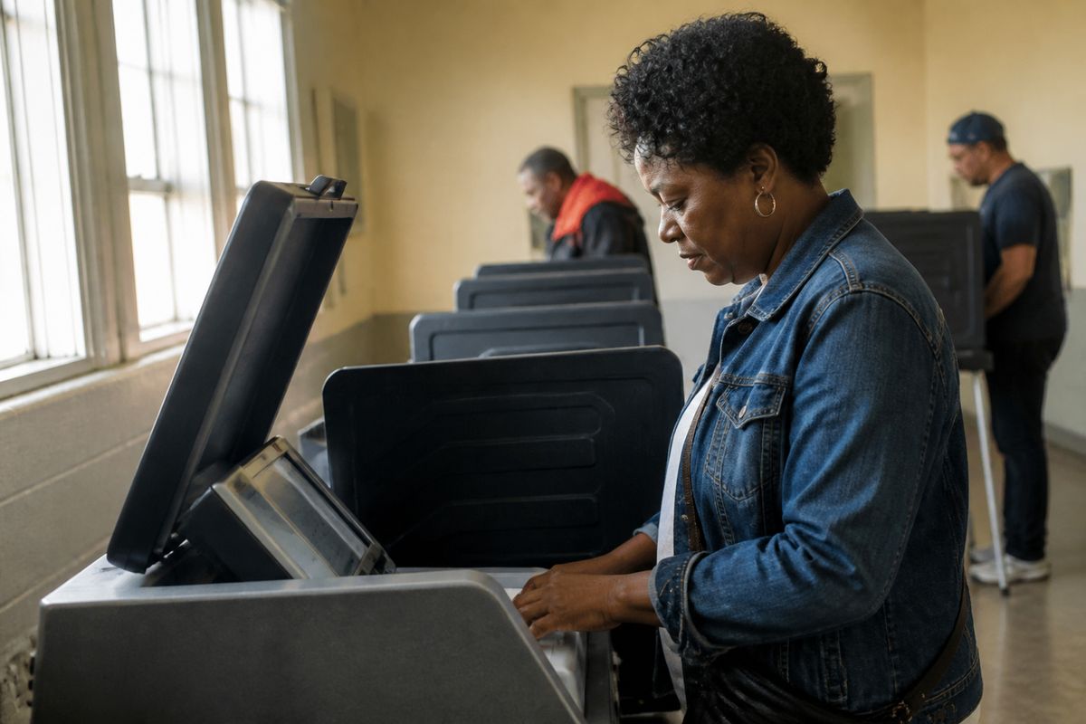 A voter casting a ballot at an electronic polling station