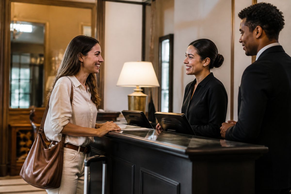 Hotel staff warmly greeting a smiling guest at reception