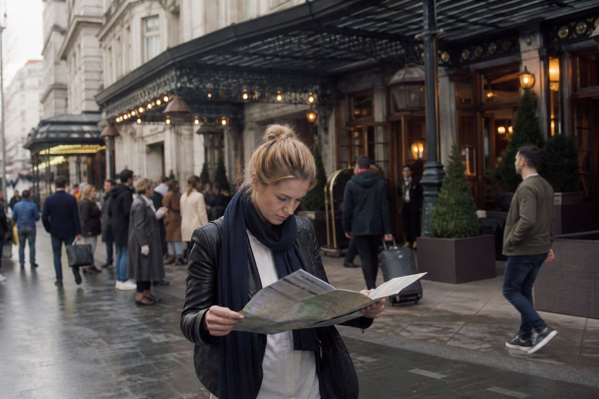 A traveler checking maps outside a bustling London hotel entrance