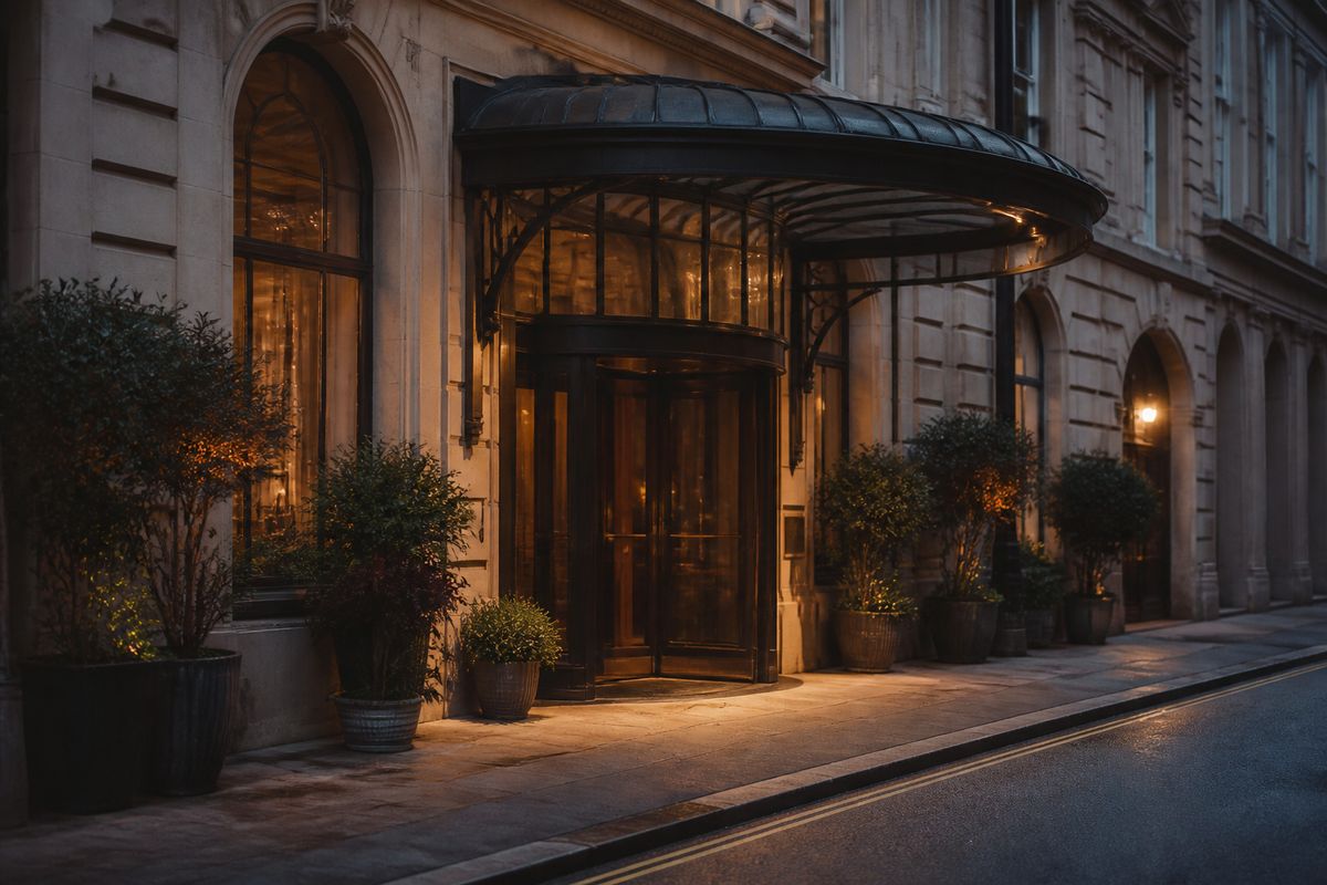 A quiet NoMad London hotel entrance at dusk