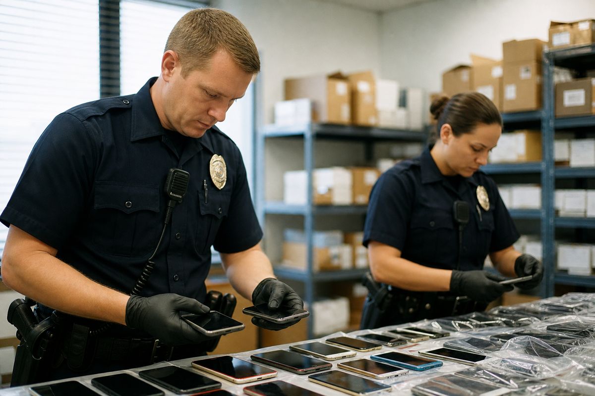 Police officers examining seized smartphones in evidence room