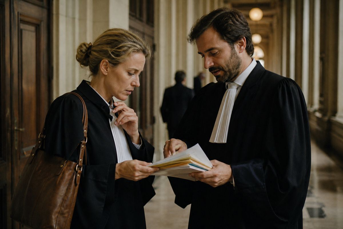 Lawyers discussing documents in a courtroom hallway