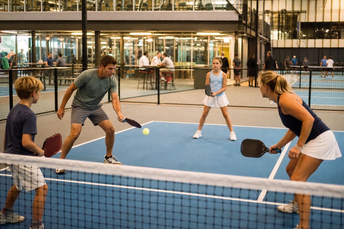 Families playing pickleball inside a bustling leisure centre gymnasium