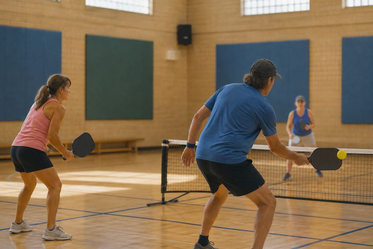 People playing pickleball in a brightly lit indoor gymnasium