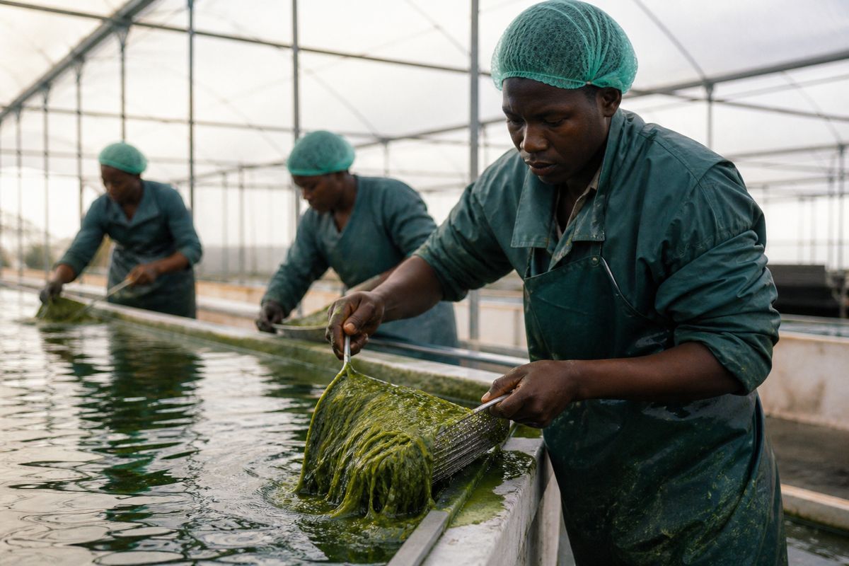 Workers harvesting spirulina algae in a controlled light environment