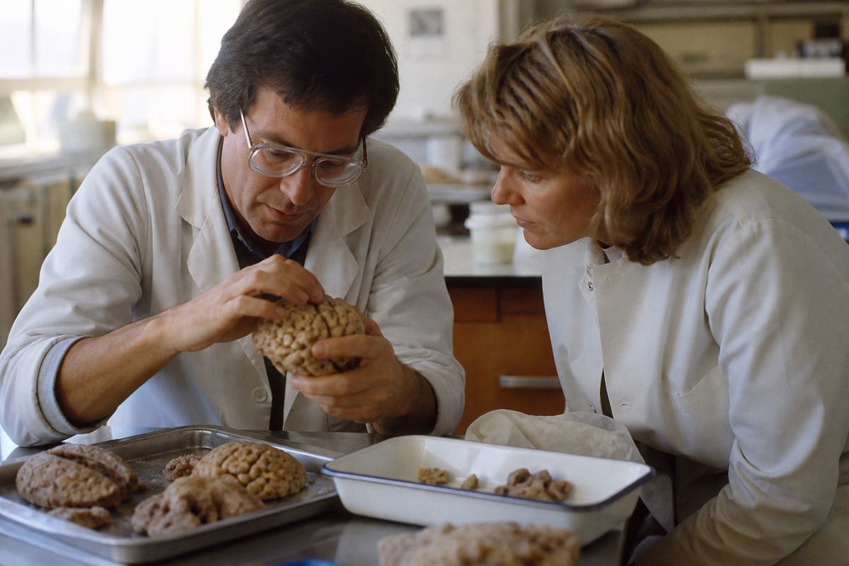 Researchers examining brain tissue samples in a laboratory