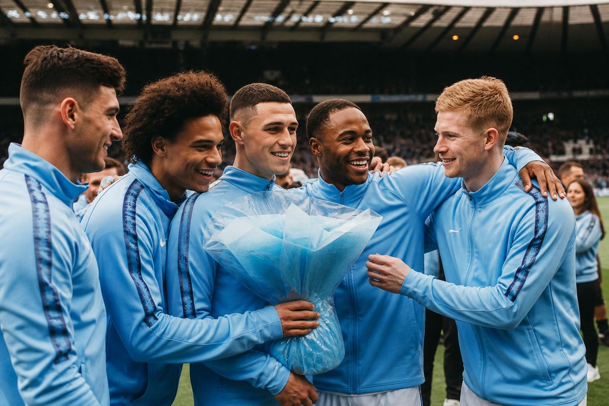 Manchester City players celebrating a high-profile signing on the pitch
