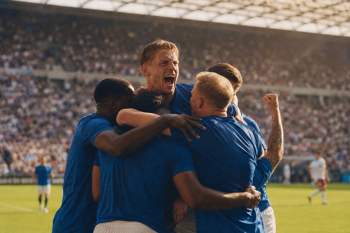 Premier League footballers celebrating a goal on the pitch