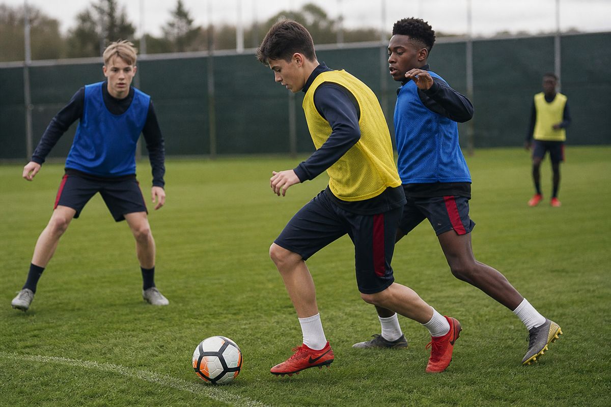 Young footballers training on a Premier League club's pitch