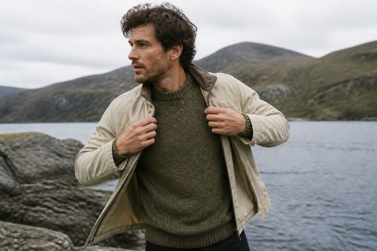 A traveler layering a wool sweater and light jacket outdoors