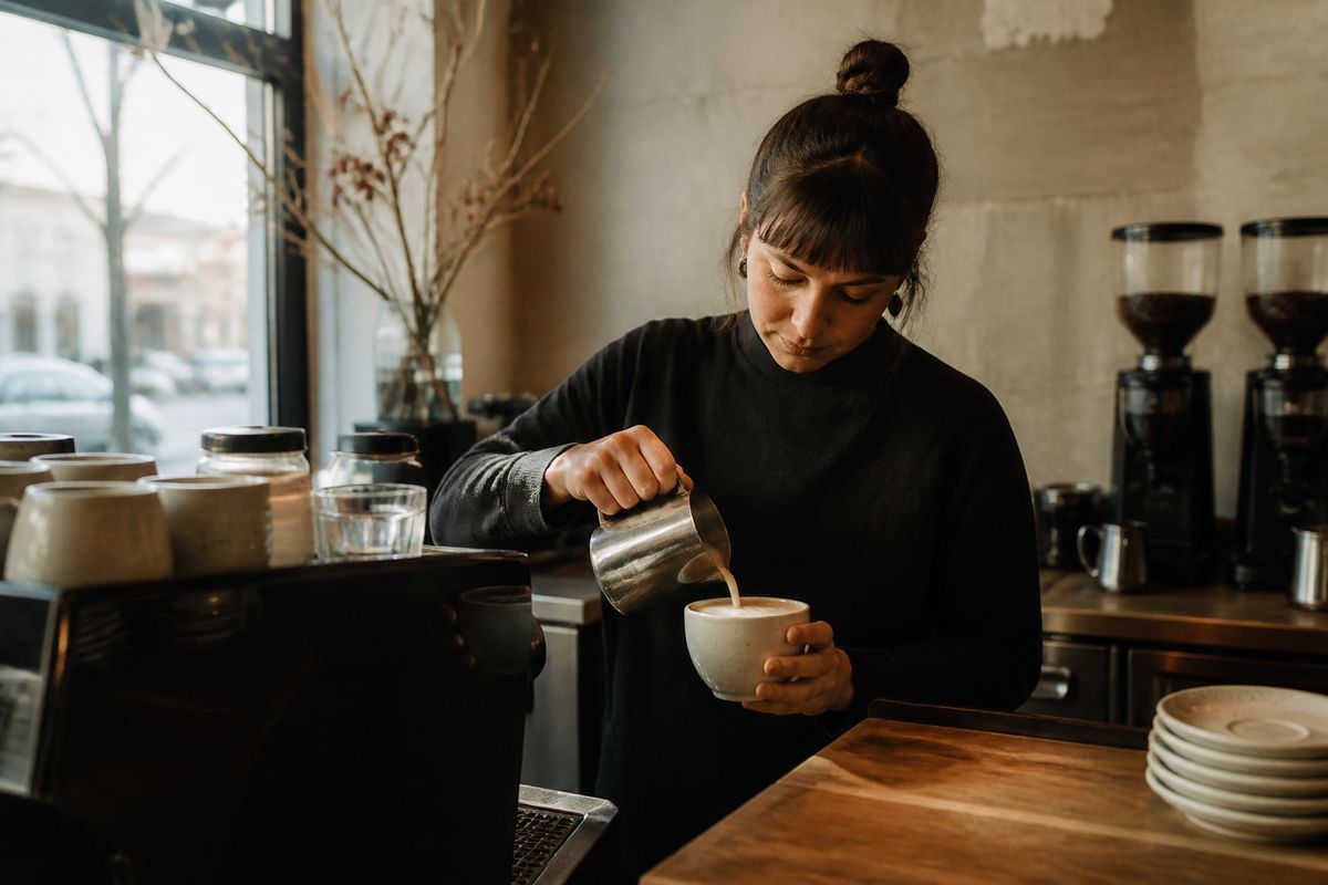 Barista preparing a Vanilla Bean Latte at Spectra coffee shop
