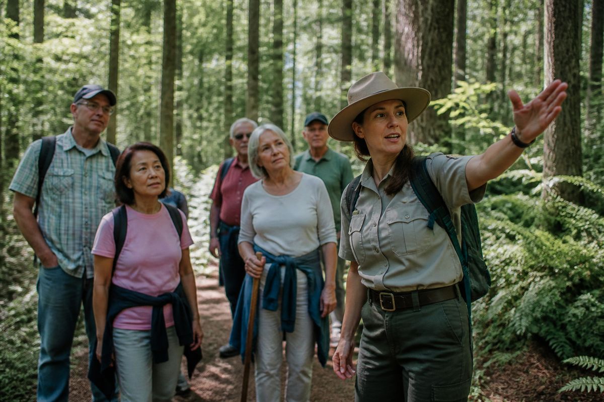 A park ranger leading a group on a forest trail walk
