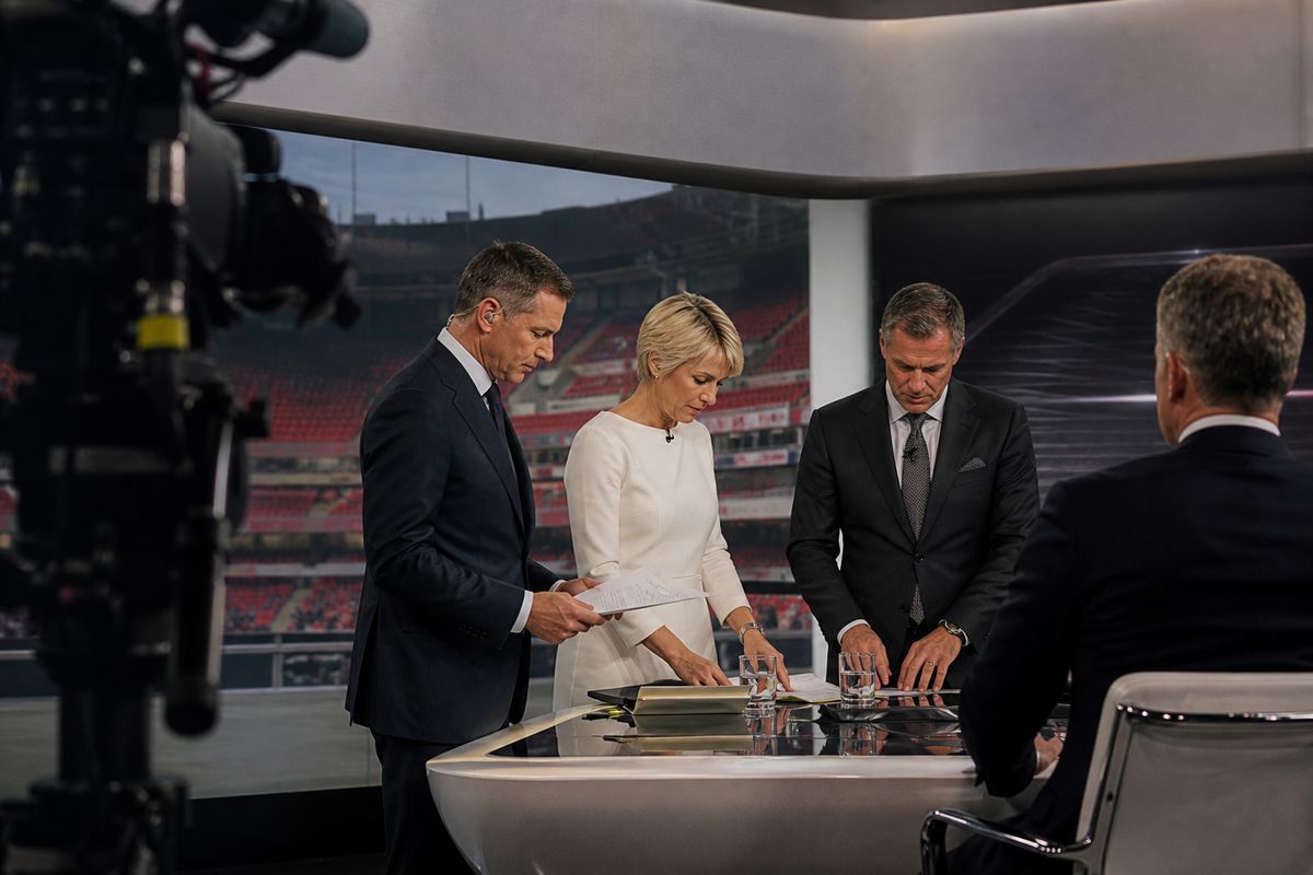 A Sky Sports studio with hosts preparing for a live broadcast