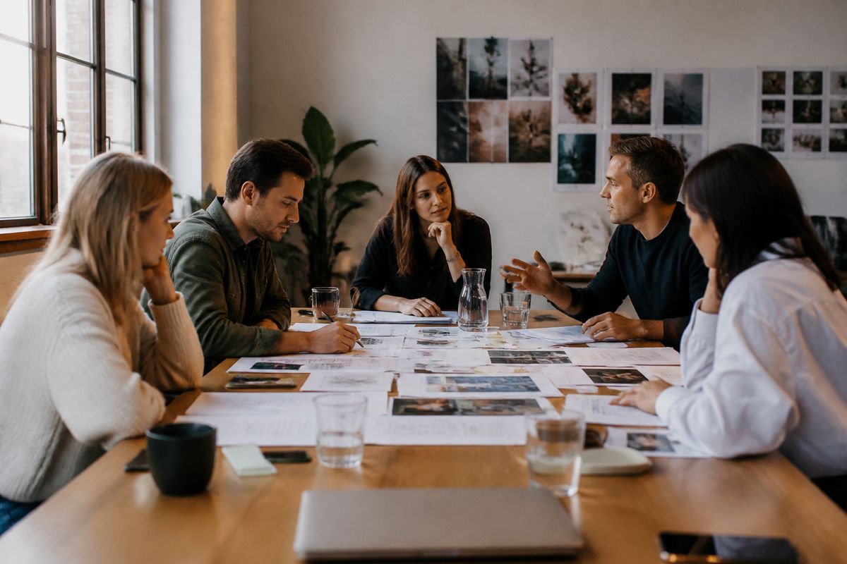 A marketing team brainstorming around a conference table