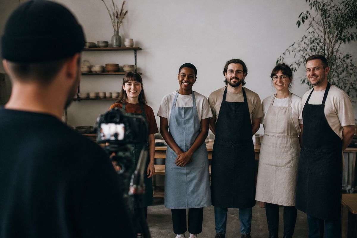 Small business owner filming a staff introduction video.