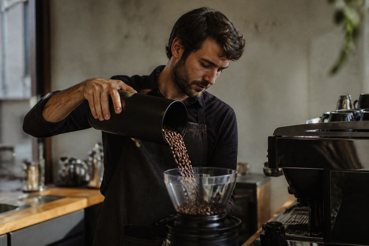 A barista carefully pouring freshly roasted coffee beans into a grinder.