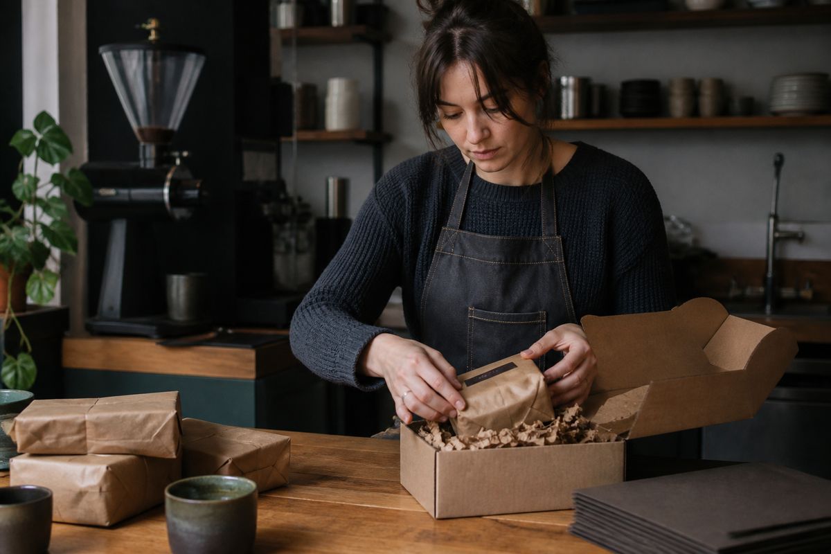 A barista preparing a specialty coffee subscription box