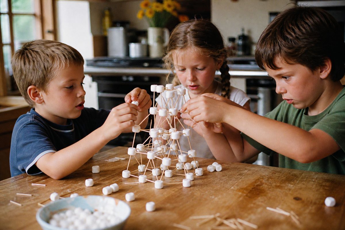 Children building a marshmallow tower at the kitchen table