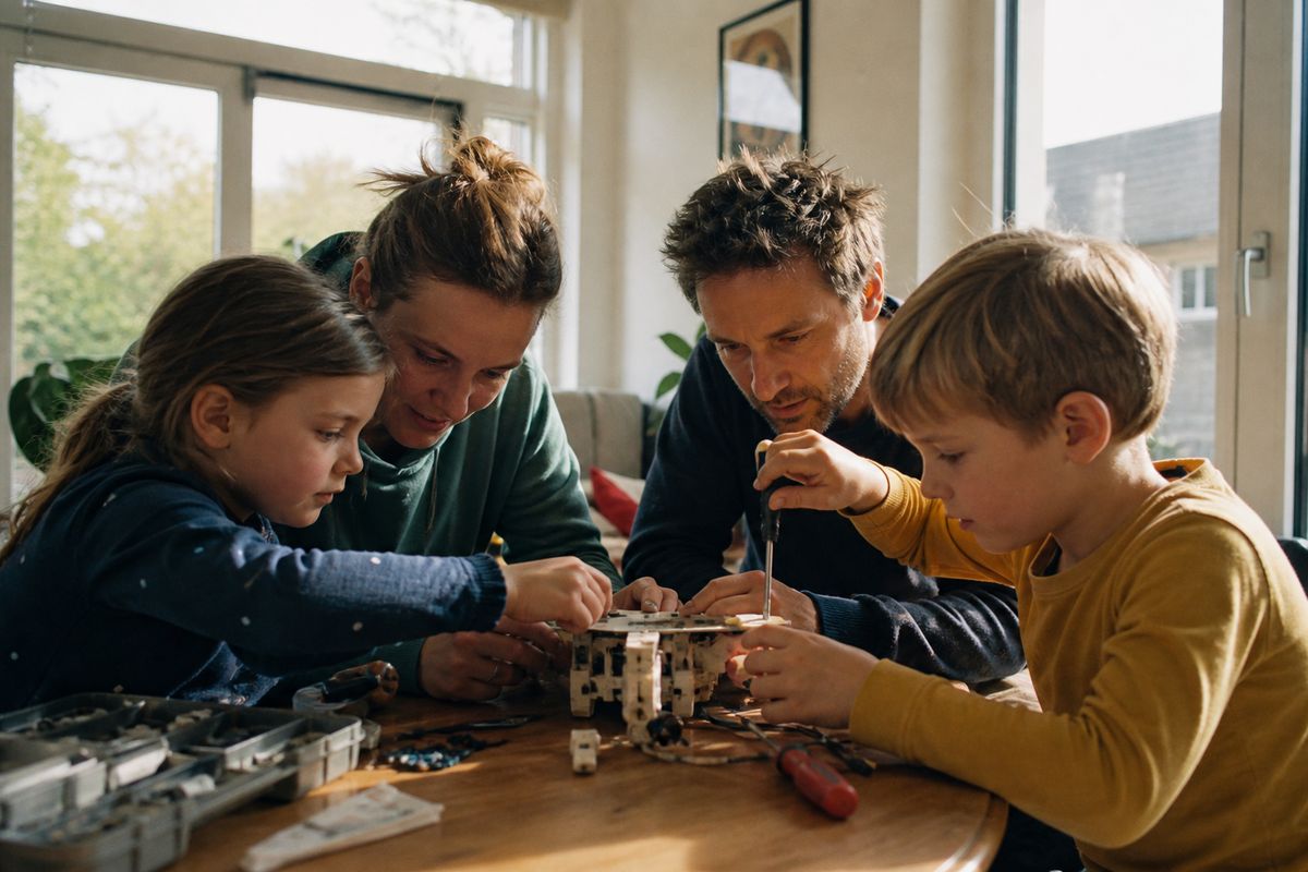 Children and parents building a robot together at home