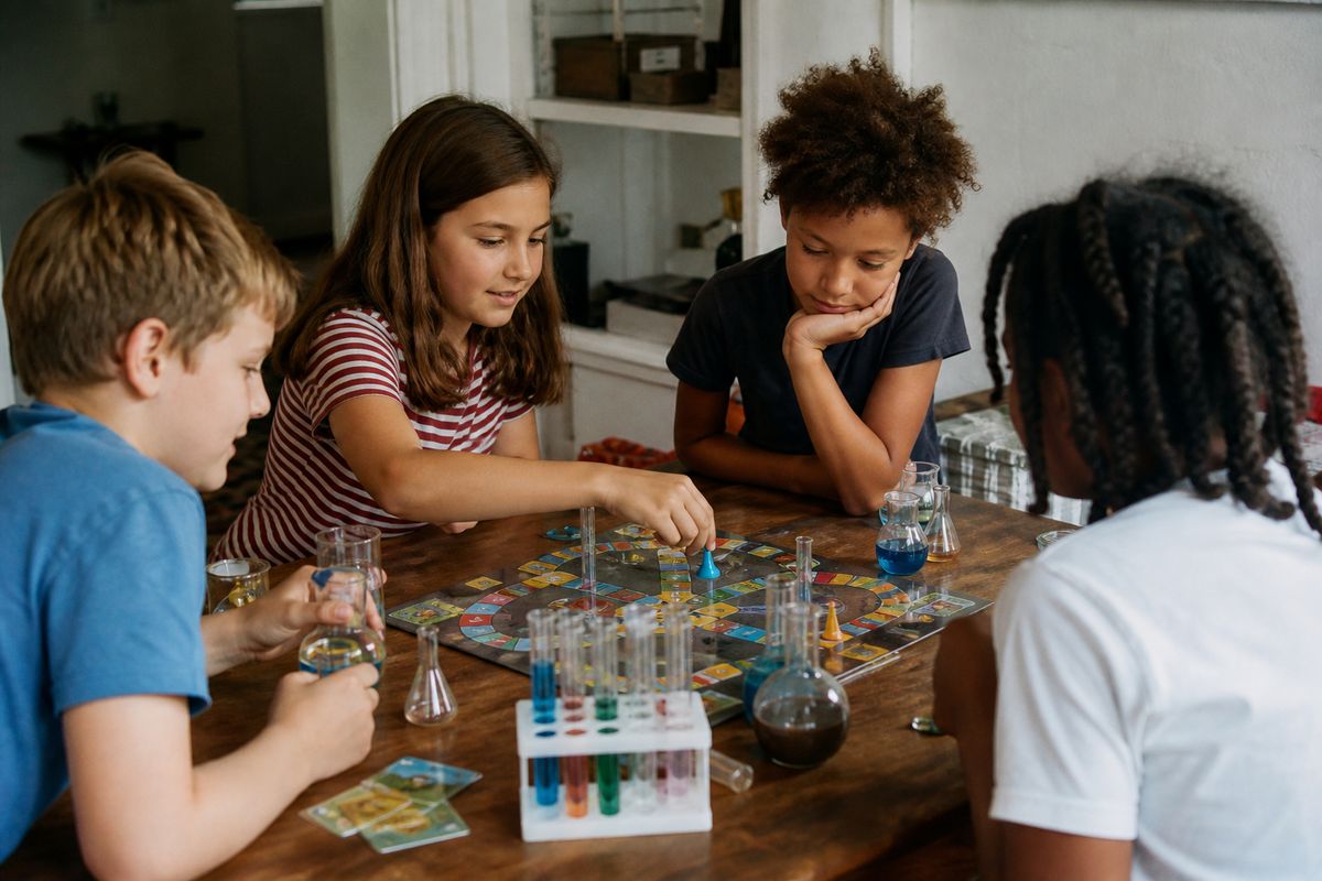 Children gathered around a table playing a chemistry-themed board game