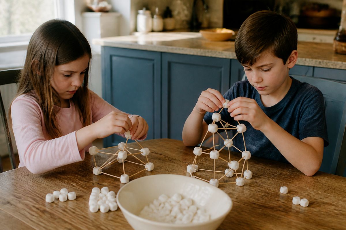 Children building marshmallow and toothpick structures at kitchen table