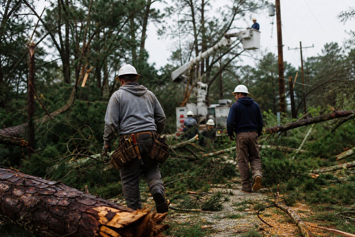 Rescue workers restoring power amid fallen trees after storm