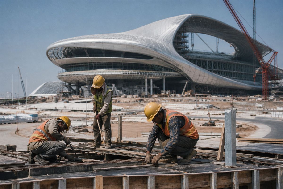 Construction workers building a futuristic motorsports complex