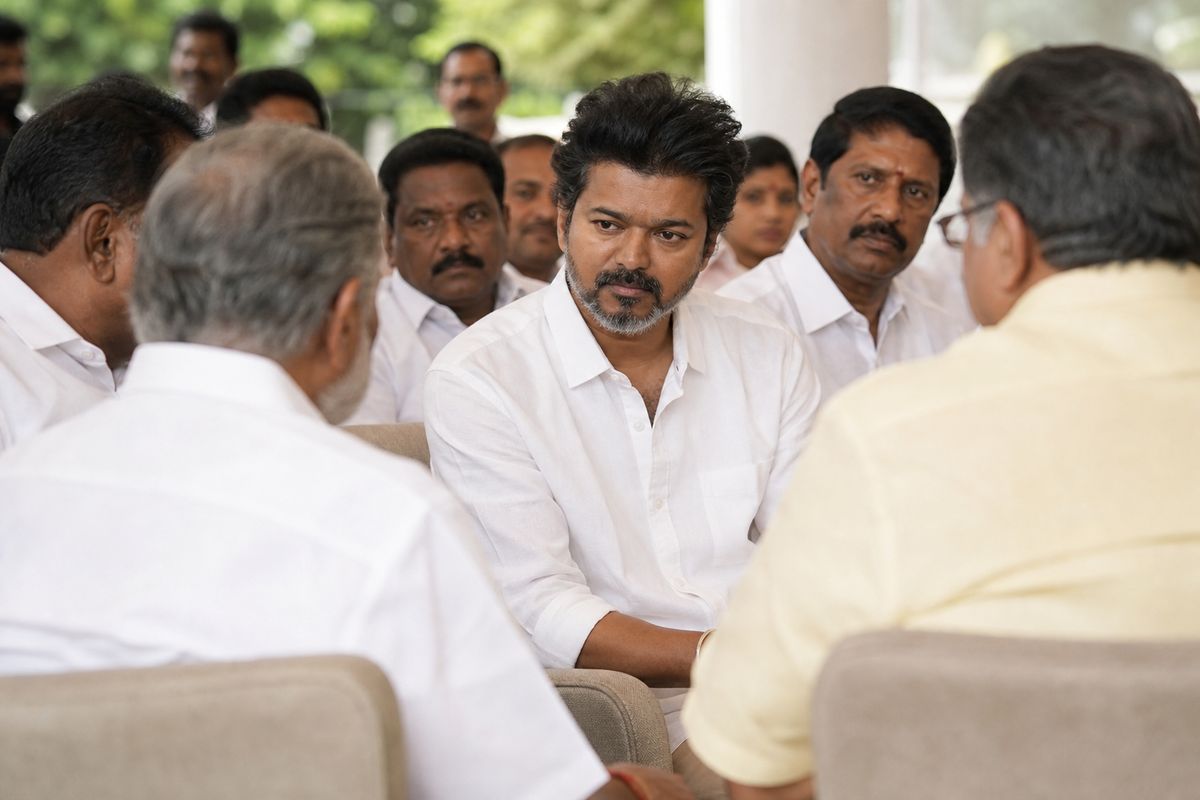 Chief Minister C. Joseph Vijay meeting with coalition leaders.