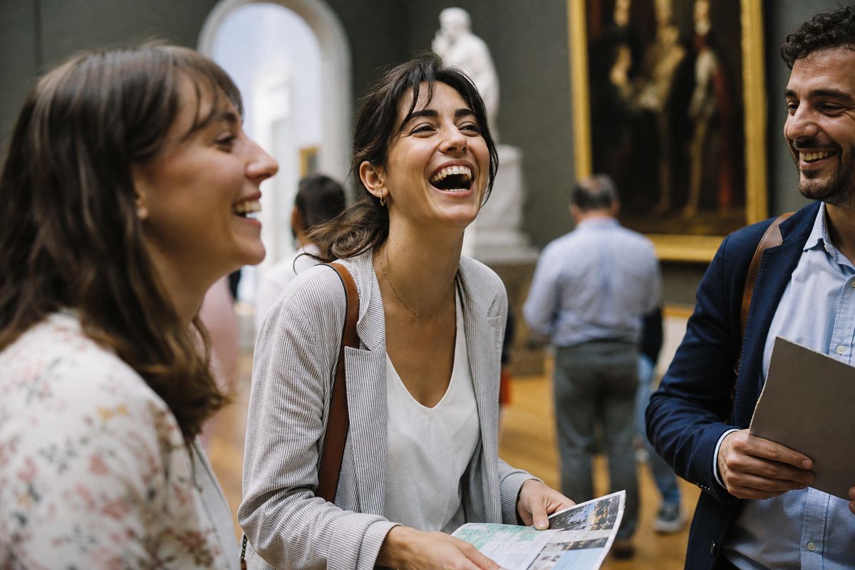 Colleagues laughing during a museum scavenger hunt.