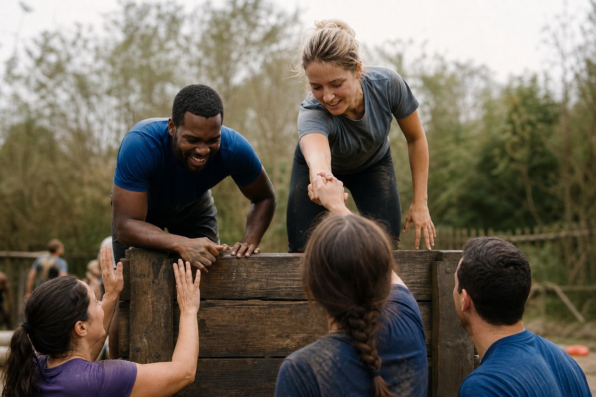 Colleagues collaborating outdoors during a team-building exercise