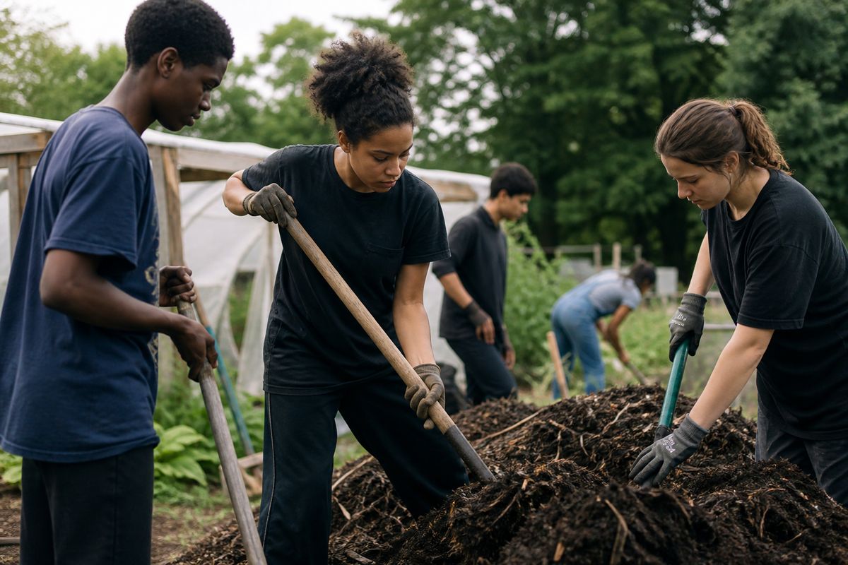 Youth crew members collaborating outdoors on a community farm project