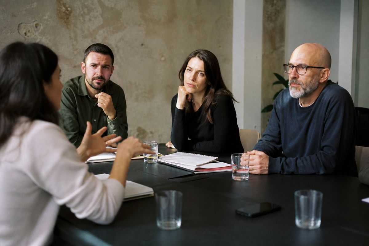 Colleagues debating around a conference table in an office.