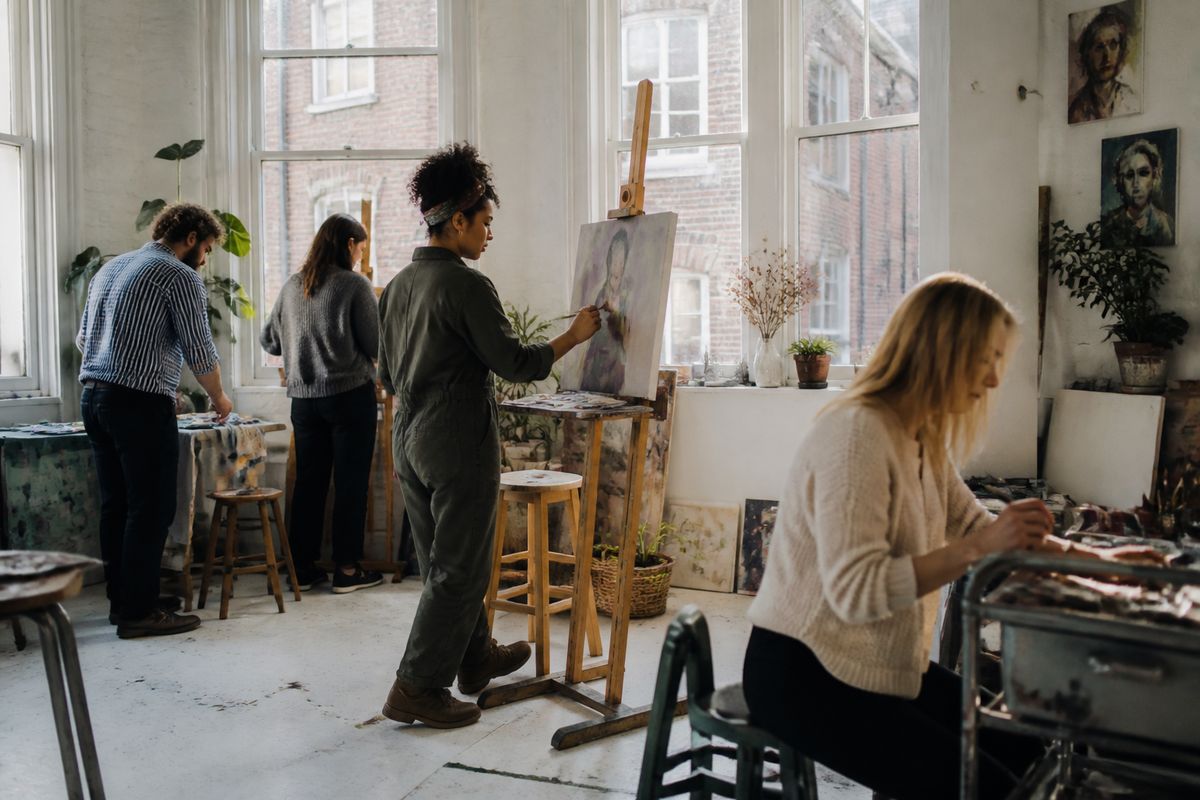 A group painting together in a bright London studio