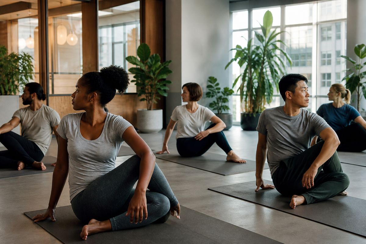 Colleagues participating in an in-office yoga class in breakout area