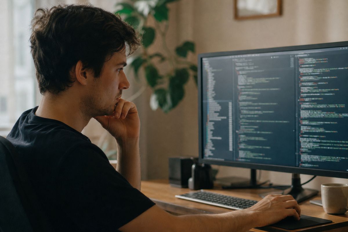 A web developer organizing code on a computer screen
