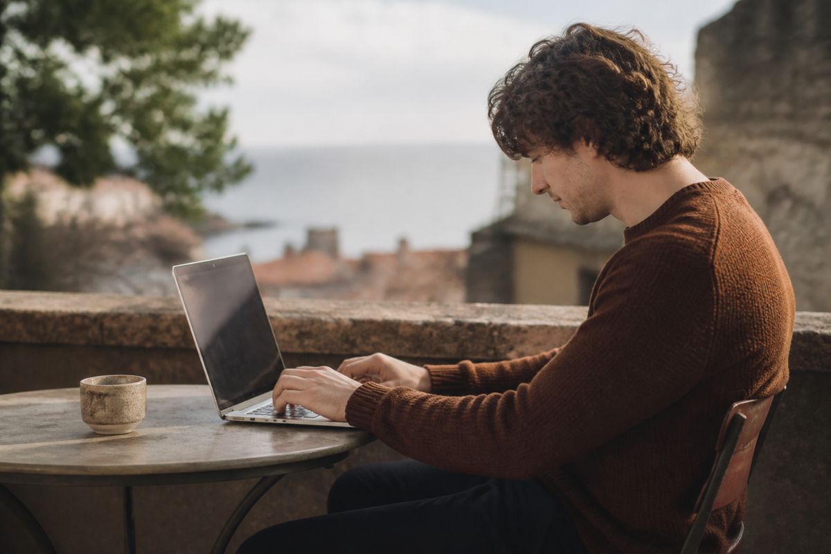 A person optimizing a website on a laptop outdoors
