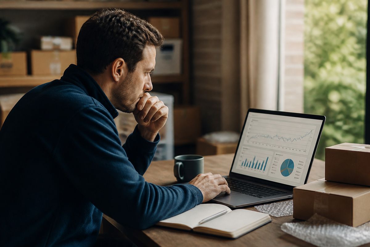 An eBay seller analyzing sales data on a laptop.