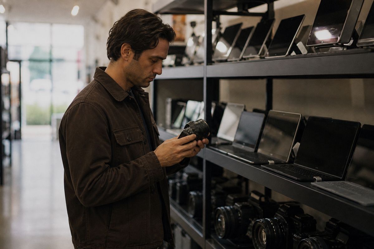 A shopper examining refurbished electronics in a store aisle