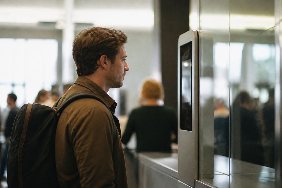 A traveler scanning their face at an airport security checkpoint.