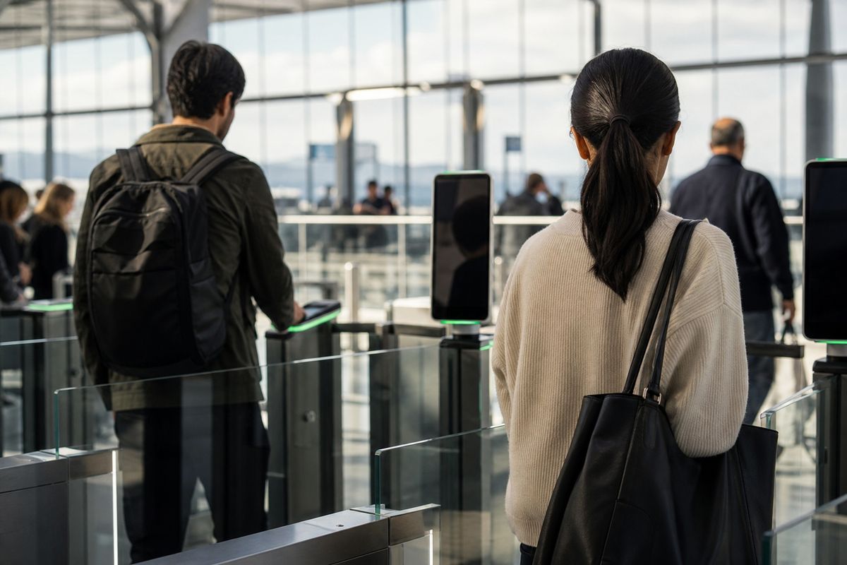 Travelers using touchless ID at an airport security checkpoint