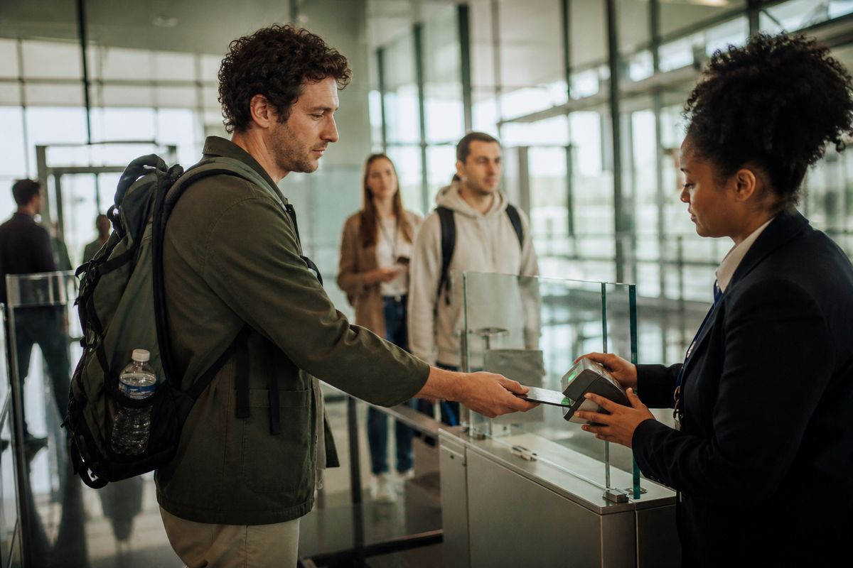 Travelers scanning boarding passes at airport security checkpoint