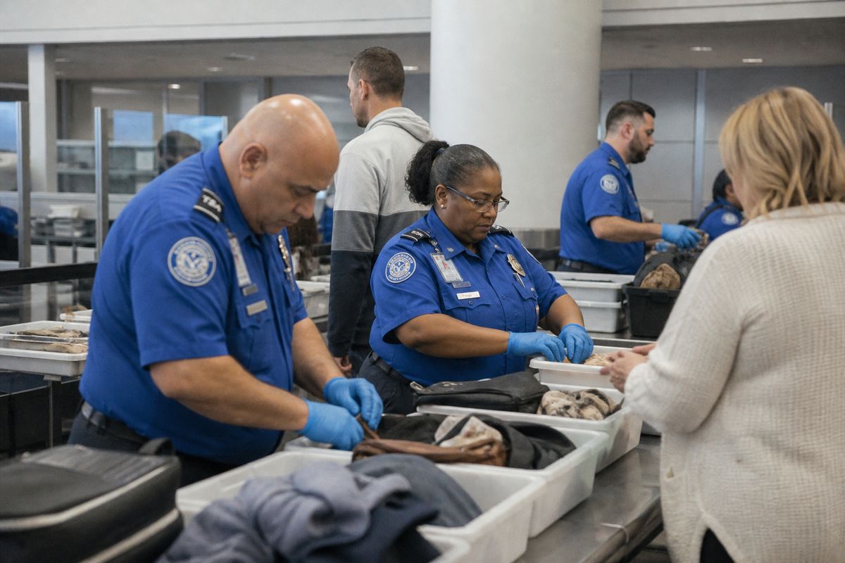 TSA agents screening passengers at airport security checkpoint