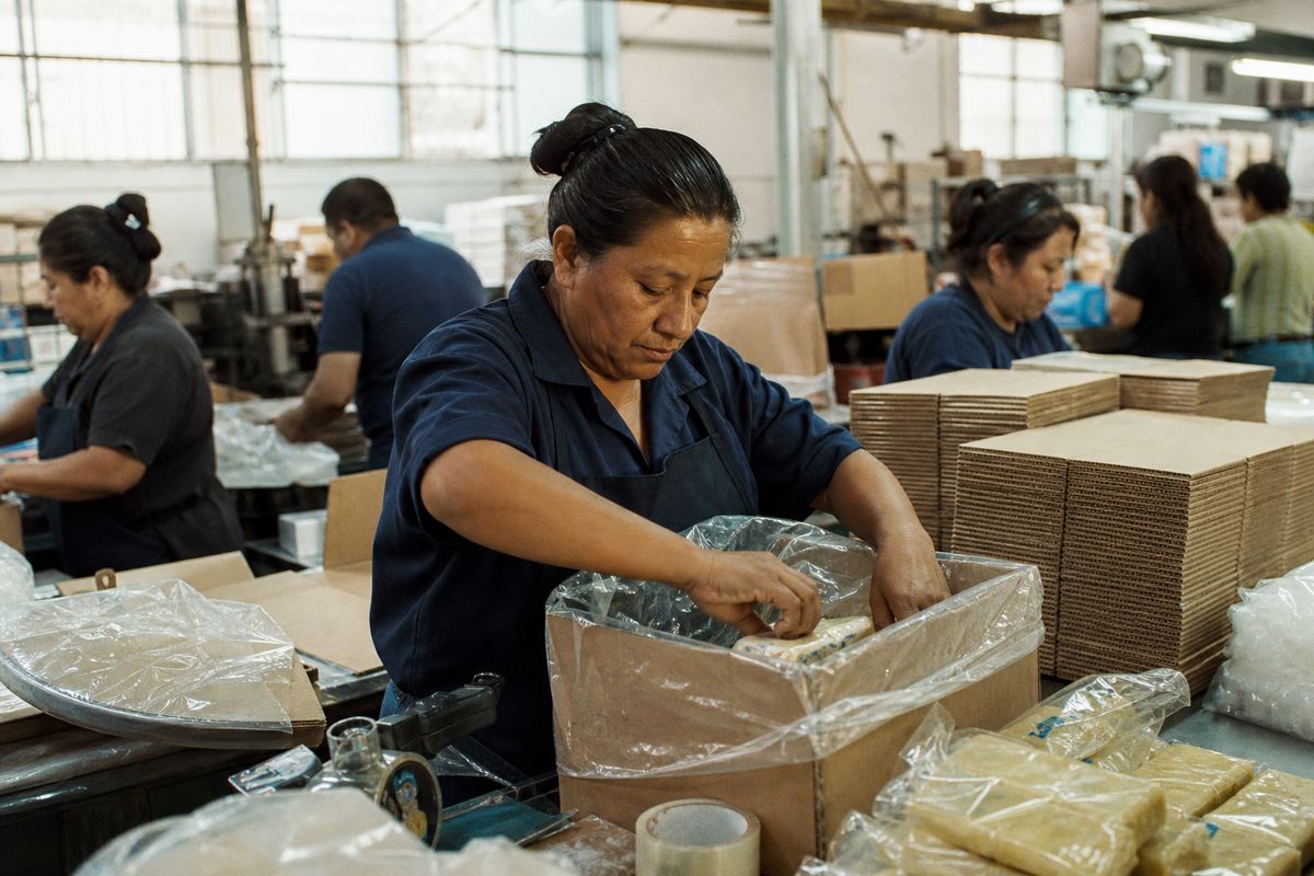 Employees packing boxes on a busy factory floor