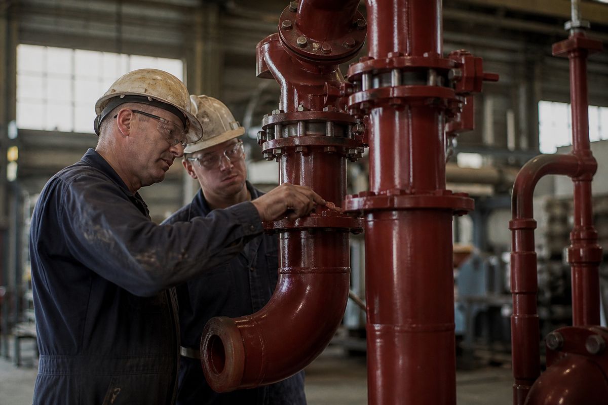 Workers inspecting construction risers in a factory setting