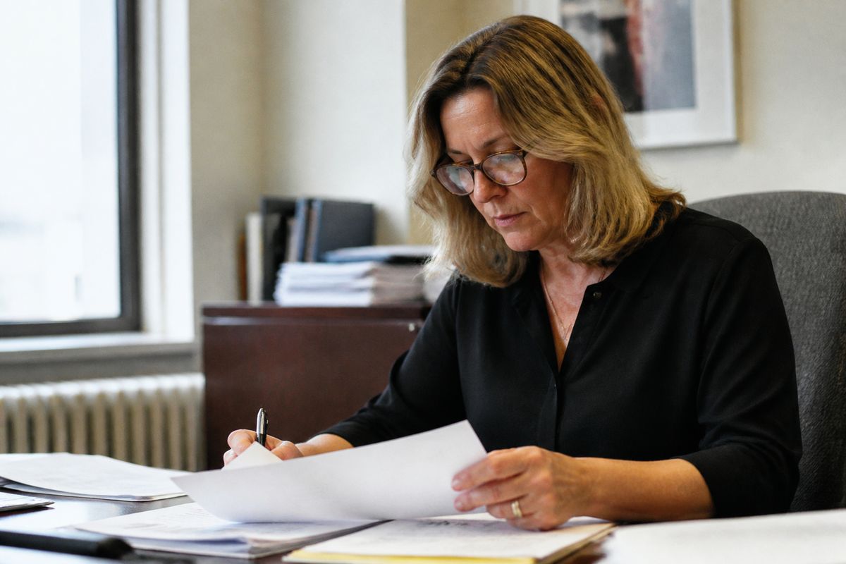 An administrator reviewing financial documents in an office.