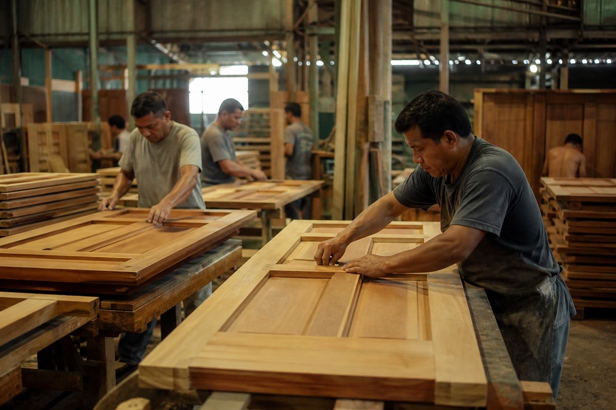 Workers assembling wooden doors in a factory workshop