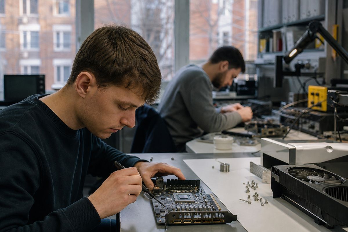 Engineers working on high-performance GPUs in a UK lab